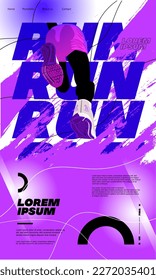 Running poster design with runner's Legs on Black and colorful design illustration. with purple and blue saturated splash color. run poster. marathon. city marathon.