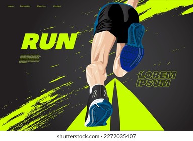 Running poster design with runner's Legs vector and colorful design illustration. with gray and green saturated splash color. run poster. Marathon. City marathon. landing page