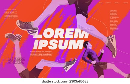 Running poster design with runner's Legs on Black and colorful design illustration. with purple and orange saturated splash colors. run poster. marathon. city marathon. 