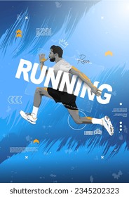 Running poster design with runner's realism vector design illustration. with cyan and blue Background. run poster. marathon. city marathon. street art. sports poster.