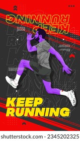 Running poster design with runner's realism vector design illustration on purple. with purple, yellow and Red saturated color. run poster. marathon. city marathon. trendy poster design. Sports