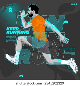 Running poster design with runner's realism vector design illustration. with a cyan glow highlight concept. run poster. marathon. city marathon. street art. sports poster.