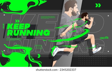 Running poster design with runner's realism vector design illustration. with green fast smoke illustration. run poster. marathon. city marathon. trendy poster design. street art. sports poster.