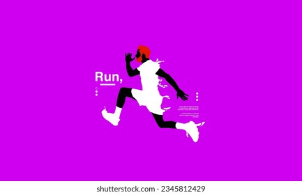 Running poster design with runner's silhouette vector flat design illustration. with Purple and black flat design concept. run poster. marathon. city marathon. flat design concept. Contrast color.