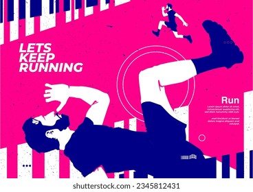 Running poster design with runner's silhouette vector flat design illustration. with pink and blue flat design concept. run poster. marathon. city marathon. flat design concept. Contrast color.