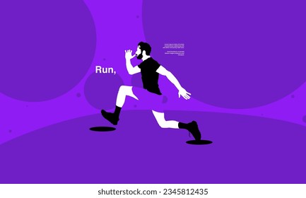 Diseño de afiches en ejecución con ilustración de diseño plano vectorial de silueta del corredor. con el concepto de diseño plano morado y azul. afiche de correr. maratón. maratón de la ciudad. concepto de diseño plano. Color del contraste.