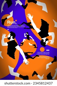 Running poster design with runner's silhouette vector flat design illustration. with Purple and orange flat design concept. run poster. marathon. city marathon. flat design concept. Contrast color.