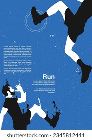 Running poster design with runner's silhouette vector flat design illustration. with cyan and blue flat design concept. run poster. marathon. city marathon. flat design concept. Contrast color.