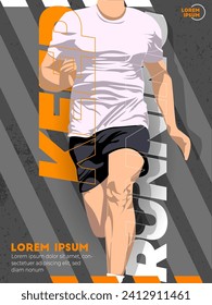 Running poster design with runner's vectors and sports design illustration. with grey and orange saturated splash color. run poster. marathon. city marathon.
