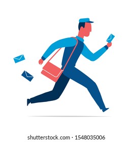 Running postman with letters and messenger bag. Vector illustration isolated on white background 