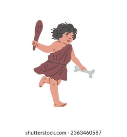 Running primitive cave happy kid girl with a bone and a club in hands. Vector hand drawn Stone age illustration isolated on white background. Primeval child enjoys the game