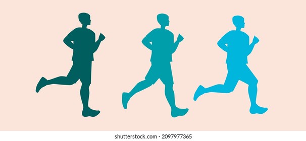 Running progress, man jogging. Silhouette vector stock illustration. Sport and activity of a young person. Marathon runner. Competition or active lifestyle. Isolated silhouettes