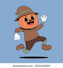 Running pumpkin halloween in retro cartoon style