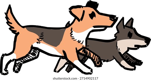 Cachorros corriendo doodle, lindo par de perros dibujados a mano en movimiento rápido. Los cachorros de dibujos animados que corren hacen garabatos en un estilo de dibujo activo y juguetón.