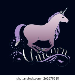 Running purple unicorn, vector design 