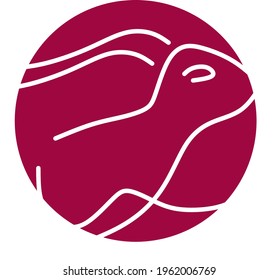 Running rabbit logo. Running hare drawn with lines in the round. Pink rabbit vector logo 