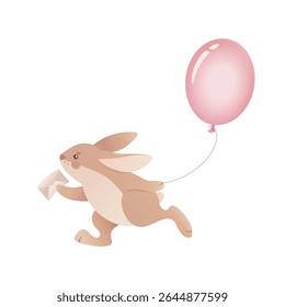 Running rabbit with a pink helium balloon and a letter in his hand. Vector illustration of a cute bunny character in pastel colors. Perfect for birthday design, party invitations, greeting cards.