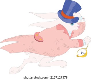 A running rabbit in a top hat and a tailcoat with a pocket watch, a character from the fairy tale Alice in Wonderland
