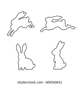 Running rabbit vector line art. Set of Easter bunny contour isolated on white background.