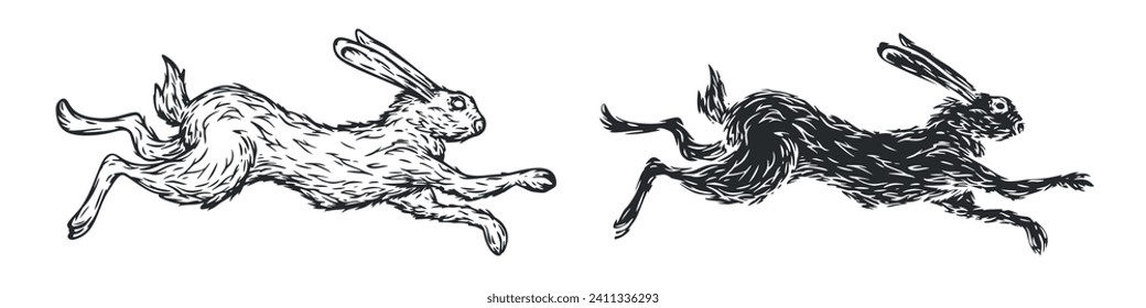 Running rabbit in vintage hand drawn style. Monochrome illustration for tattoo, mascot, emblem. Vector illustration.