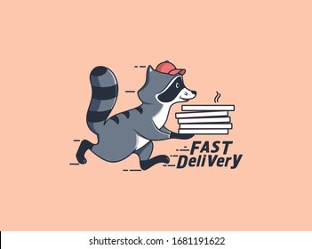 The Running raccoon with pizza box, with fast delivery text. Funny character, logotype, badge, sticker, emblem, label on orange background. Vector illustration, style linear, flat design