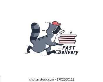 The Running raccoon with pizza box, fast delivery. Funny character, logotype, badge, sticker, emblem, label on orange background. Vector illustration, style linear, flat design