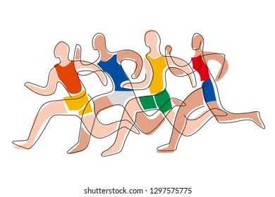 Running race, competition, line art stylized.
Colorful lineart stylized illustration of four running racers on gradient abstract background. Vector available.