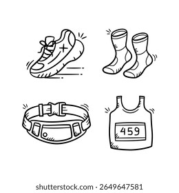 Running race equipment hand drawn illustration. Set of marathon and jogging sport wear vector icon doodle. Runner shoes, socks, belt pocket, t-shirt. 