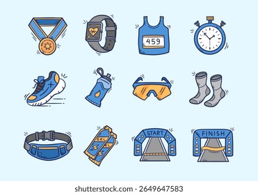 Running race equipment hand drawn illustration. Set of marathon and jogging sport wear vector icon doodle. Shoes, socks, medal, sunglasses, smartwatch, energy gel, water bottle, pocket, stopwatch. 