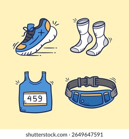 Running race equipment hand drawn illustration. Set of marathon and jogging sport wear vector icon doodle. Runner shoes, socks, belt pocket, t-shirt. 