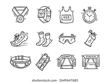 Running race equipment hand drawn illustration. Set of marathon and jogging sport wear vector icon doodle. Shoes, socks, medal, sunglasses, smartwatch, energy gel, water bottle, pocket, stopwatch. 