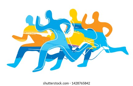 Running race, four runners.
Colorful expressive stylized illustration of running racers. Vector available.