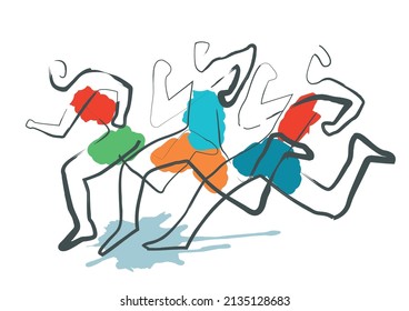 Running race, jogging. 
Expresive illustration of three runners. Isolated on white background. Vector available.