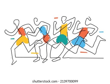 Running race, line art stylized.
Expressive Illustration of group of running racers. Continuous line drawing design. Vector available.