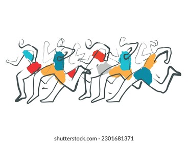 Running race, marathon, jogging, expressive stylized.
Illustration of running racers. Imitation of ink drawing.Isolated on white background. Vector available.