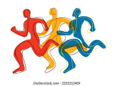 Running race, marathon, jogging, line art stylized. 
Stylized illustration of three running racers. Continuous line drawing design.Isolated on white background. Vector available.