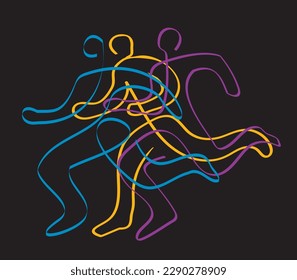 Running race, marathon, jogging, line art stylized.
Stylized illustration of three running racers. Continuous line drawing design.Isolated on black background. Vector available.
