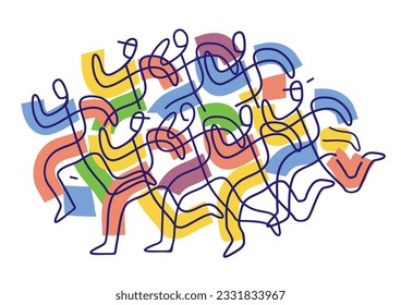 Running race, marathon, jogging, line art stylized.
 Stylized illustration of group of running racers. Continuous line drawing design.Isolated on white background. Vector available.