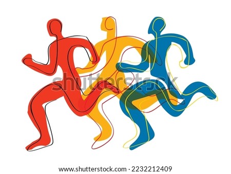 Running race, marathon, jogging, line art stylized. 
Stylized illustration of three running racers. Continuous line drawing design.Isolated on white background. Vector available.