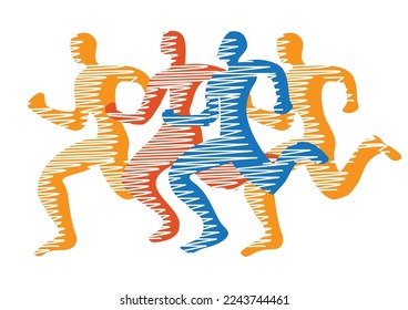 Carrera, maratón, correr... 
Ilustración estilizada de cuatro racers en marcha.Aislada sobre fondo blanco. Vector disponible.