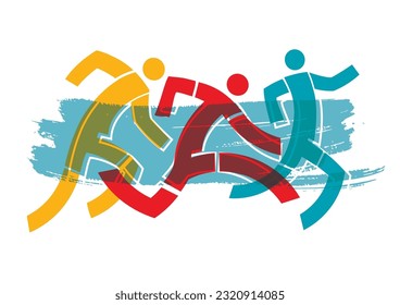 Running race, marathon, jogging, three runners.
Abstract stylized colorful illustration of running race on brush stroke background. Vector available.