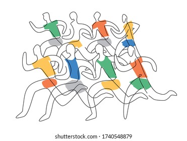 

Running race marathon,line art stylized. 
Colorful lineart stylized illustration of eight running racers. Isolated on white background. Vector available.