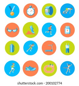 Running race sport activity round buttons icons set isolated vector illustration
