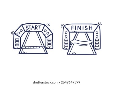 Corrida início portão evento desenhado à mão ilustração. Entrada de maratona de esporte e ícone de linha de chegada rabiscar em vetor de estilo plano de contorno.