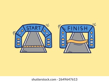 Corrida início portão evento desenhado à mão ilustração. Entrada de maratona de esporte e ícone de linha de chegada rabiscar em vetor de estilo plano de contorno.