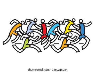 
Running racers, marathon. 
Colorful abstract stylized illustration of eight runners.Isolated on white background. Vector available.