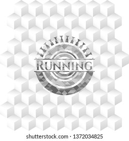 Running realistic grey emblem with cube white background