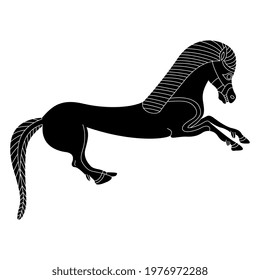 Running or rear up horse. Black and white silhouette. Ancient Greek vase painting animal motif.