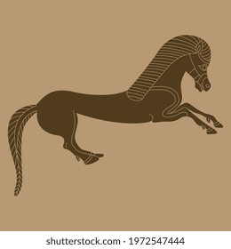Running or rear up horse. Monochrome brown silhouette. Ancient Greek vase painting animal motif.