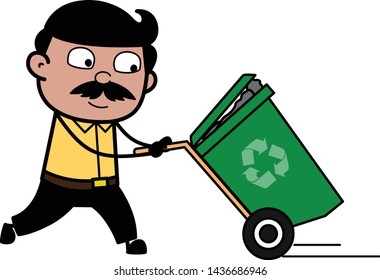 Running with Recycle Bin - Indian Cartoon Man Father Vector Illustration